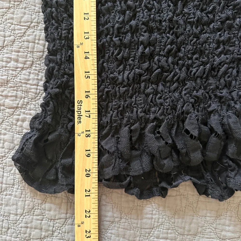 Free People Black Lace Smocked Mock Neck Top Short Puff Sleeve Size Small